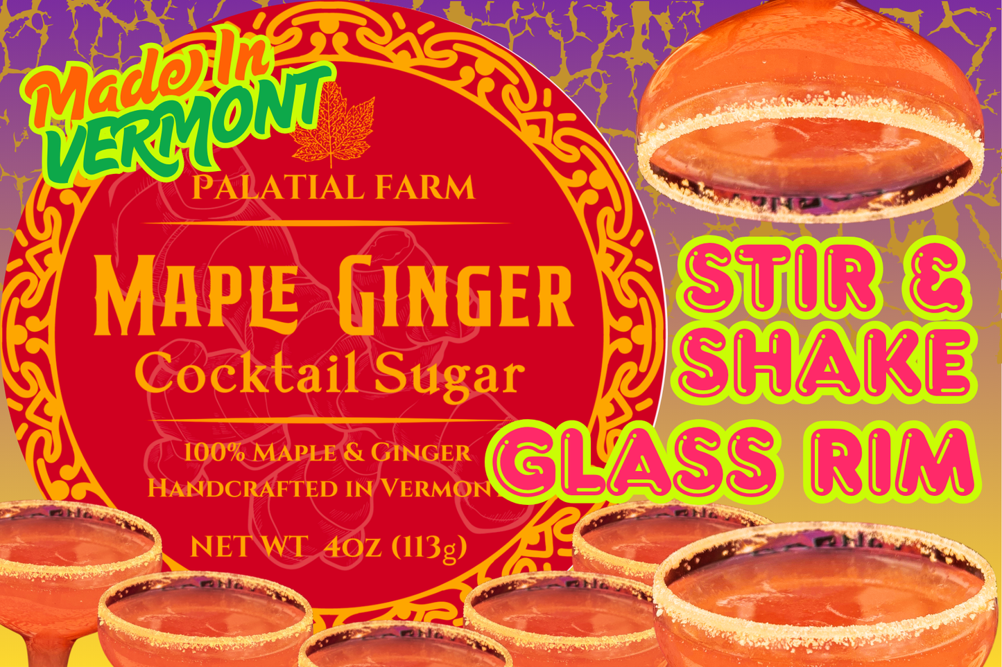 Maple Ginger Cocktail Sugar packaging with cocktail glasses rimmed with sugar on a colorful background.