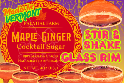 Maple Ginger Cocktail Sugar packaging with cocktail glasses rimmed with sugar on a colorful background.