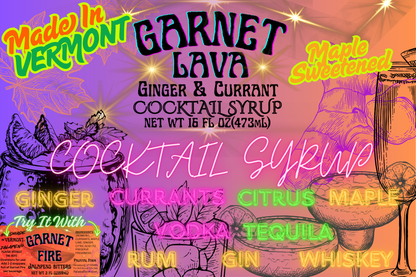 Advertisement for Garnet Lava cocktail syrup with colorful text and graphics on a gradient background.