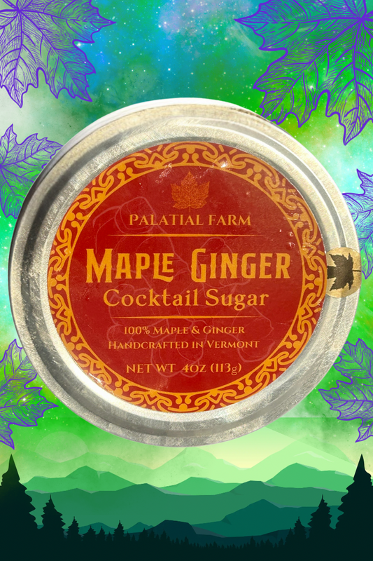 Label on a container of Maple Ginger Cocktail Sugar with a scenic background.