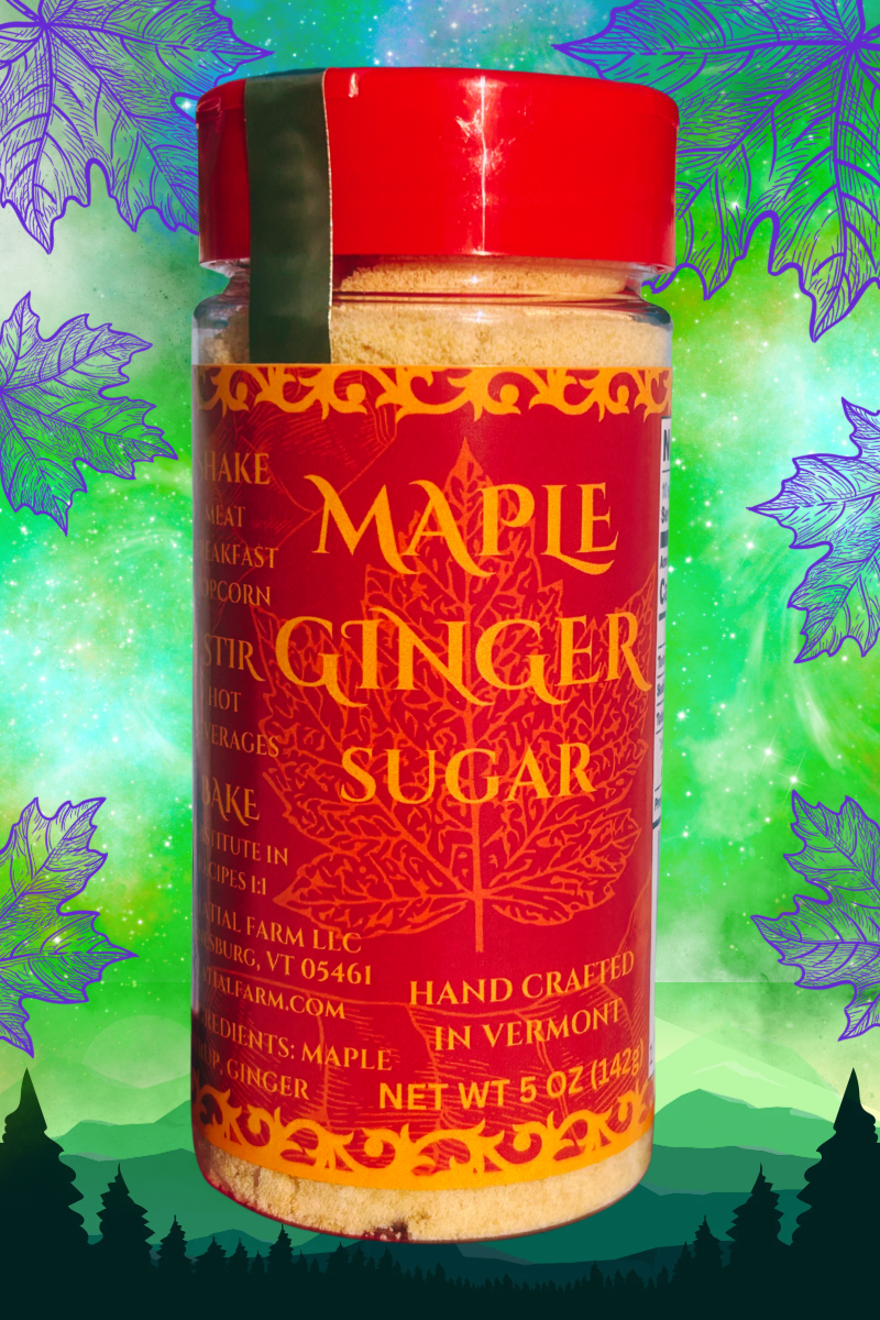 A shaker labeled Maple Ginger Sugar with a red cap and decorative leaf patterns, indicating the product is a sweetener made from maple and ginger.
