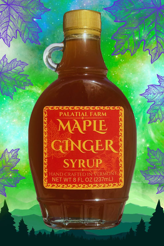 Bottle of Maple Ginger Syrup with a label that reads 'Palatial Farm Maple Ginger Syrup', net weight 8 fl oz (237ml). The background features a graphic of a maple leaf and a farm.