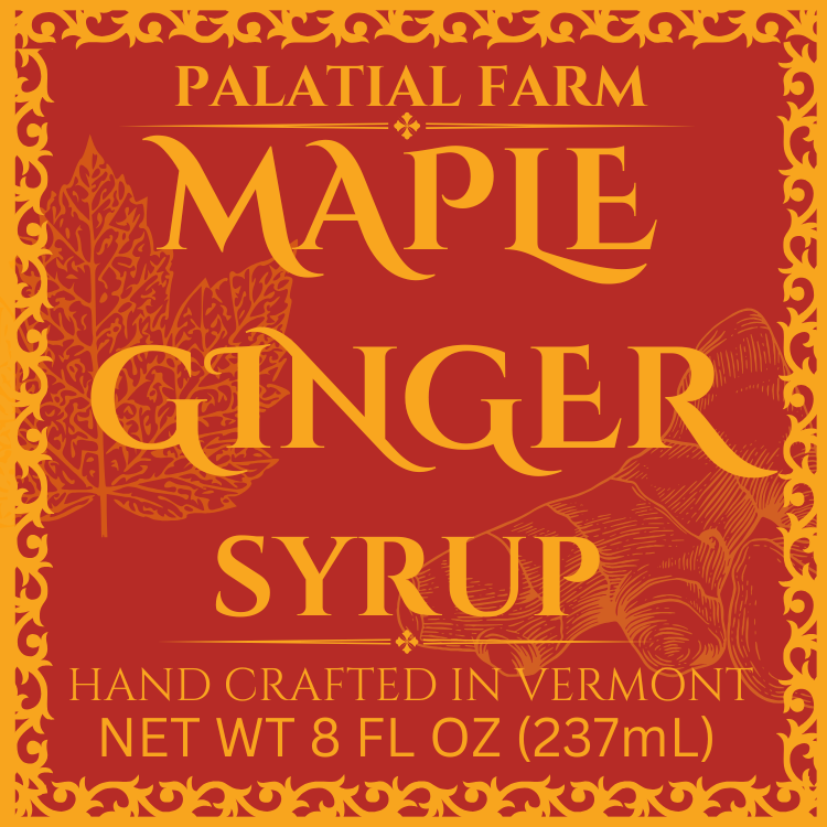 Bottle of Maple Ginger Syrup with a label that reads 'Palatial Farm Maple Ginger Syrup', net weight 8 fl oz (237ml). The background features a graphic of a maple leaf and a farm.
