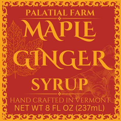Bottle of Maple Ginger Syrup with a label that reads 'Palatial Farm Maple Ginger Syrup', net weight 8 fl oz (237ml). The background features a graphic of a maple leaf and a farm.